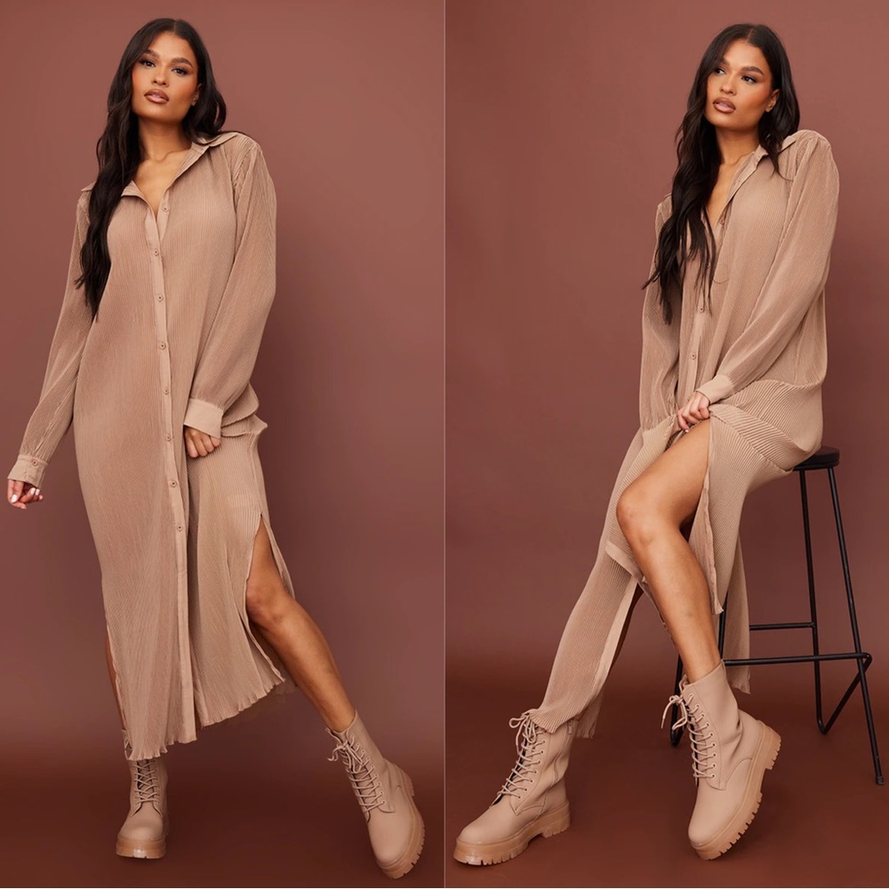Plisse Button Up Split Hem Dress